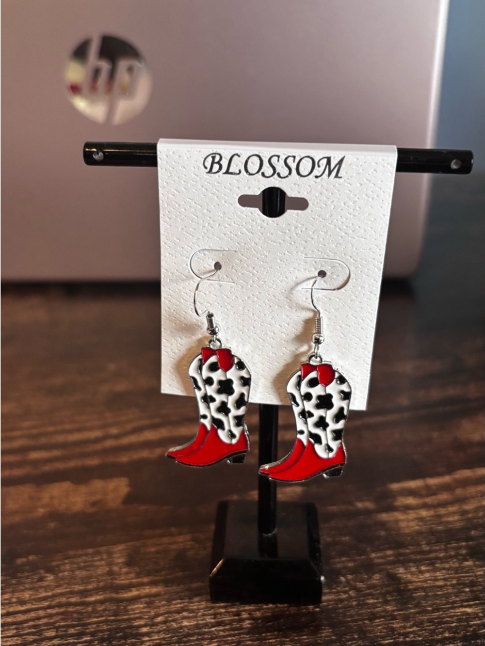 BLOSSOM Red & Black‎ Cowprint Cowboy Boot Earrings
